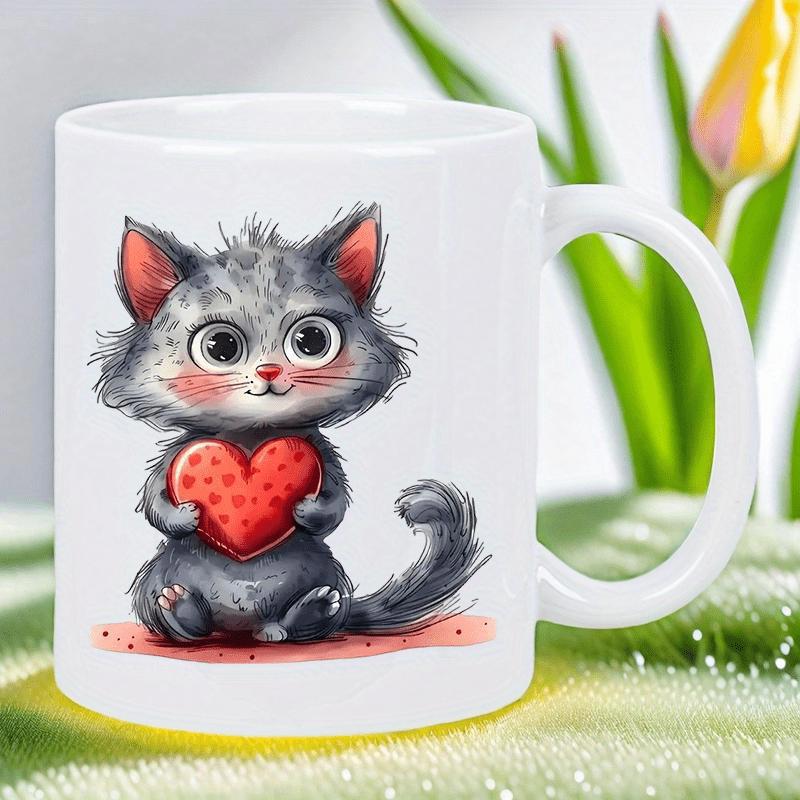 Tailorly White Ceramic 11 oz Mug - Adorable Gray Fluffy Kitten Holding A Vibrant Red Heart With Love Kitten