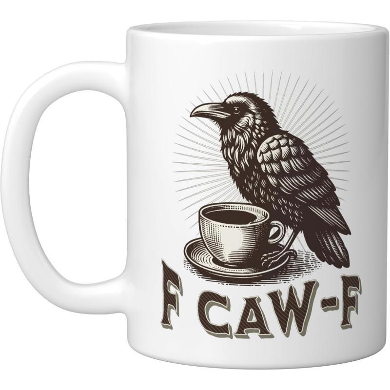 Tailorly White Ceramic 11 oz Mug - F CAW-F Detailed Etched Bird Perched Behind Classic Steaming Cup Of Dark Coffee Raven