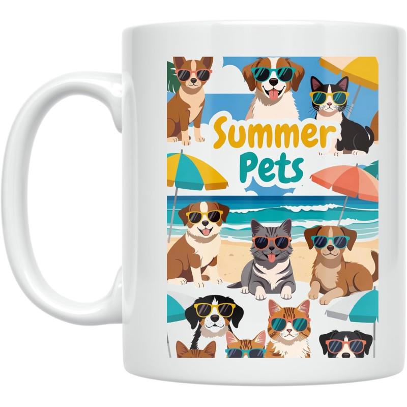 Tailorly White Ceramic 11 oz Mug - Summer Pets Adorable Cartoon Animals Wearing Sunglasses On A Sunny Sandy Beach Mug