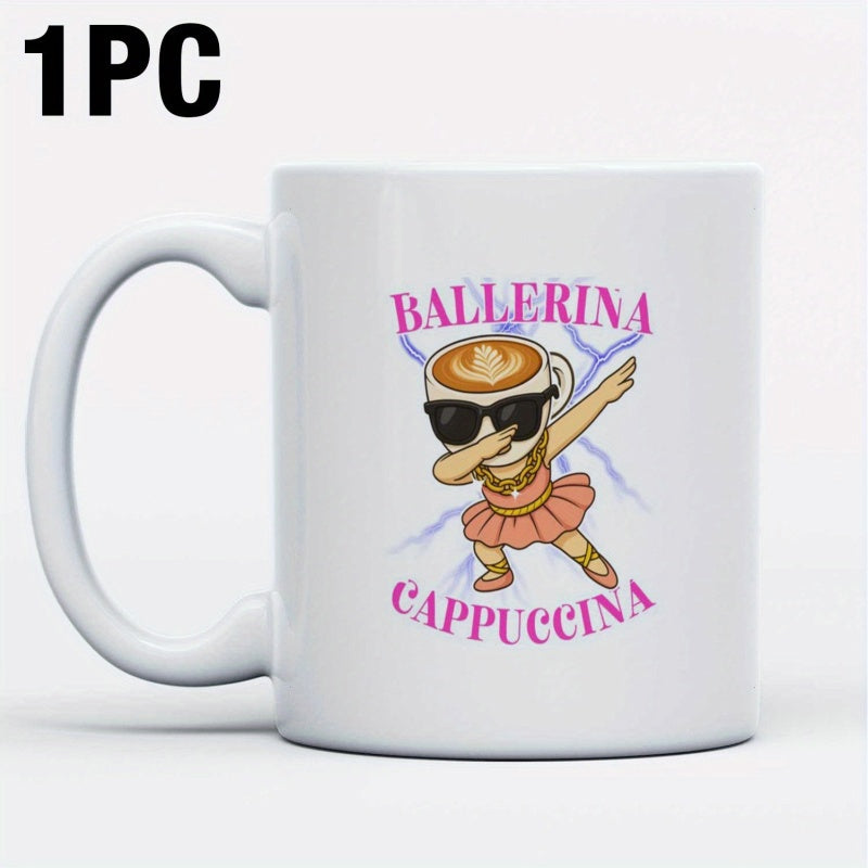 Tailorly White Ceramic 11 oz Mug - Ballerina Cappuccina Dancing Cartoon Character Wearing Tutu And Sunglasses Under Electric Blue Lightning Coffee Cup