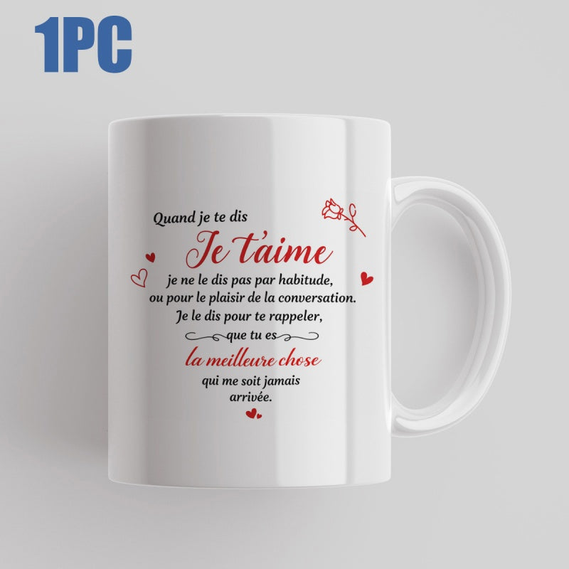 Tailorly White Ceramic 11 oz Mug - Elegant Romantic French Quote Pattern With Roses And Tiny Hearts Mug