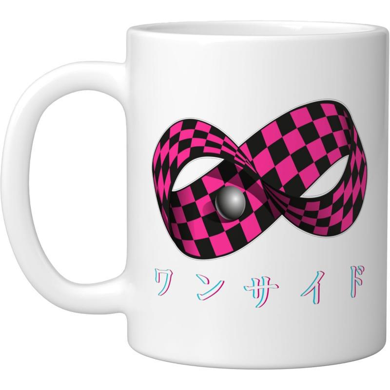 Tailorly White Ceramic 11 oz Mug - Pink And Black Checkered Infinity Design Wrapped Around A Metallic Floating Sphere