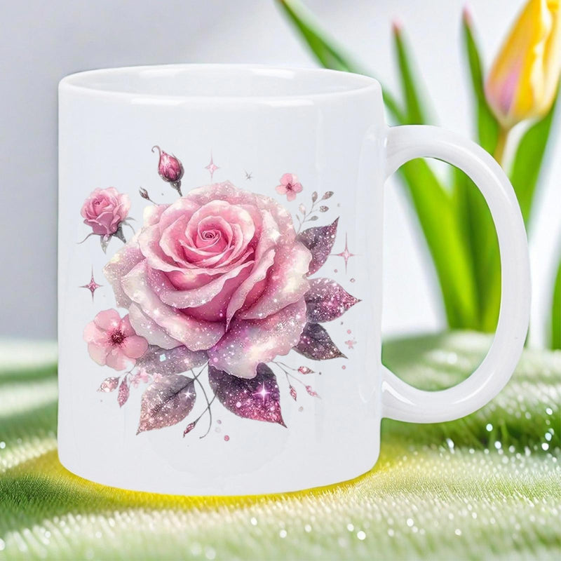 Tailorly White Ceramic 11 oz Mug - Elegant Blooming Pink Flower With Glistening Sparkles And Shimmering Purple Leaves Rose