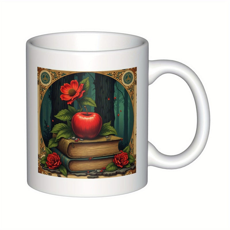 Tailorly White Ceramic 11 oz Mug - Vintage Stacked Books With Vibrant Red Roses Within Enchanting Forest Scene Apple