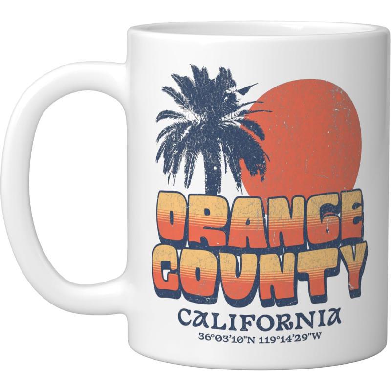 Tailorly White Ceramic 11 oz Mug - Orange County California Retro Vintage Distressed Sun With Tropical Silhouette Of A Majestic Palm Tree