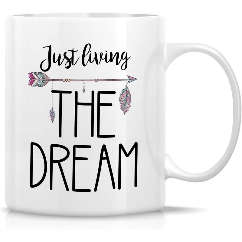 Tailorly White Ceramic 11 oz Mug - Just Living The Dream Rustic Boho Decorative Arrow Featuring Hanging Feathers In Hand Drawn Style Arrow