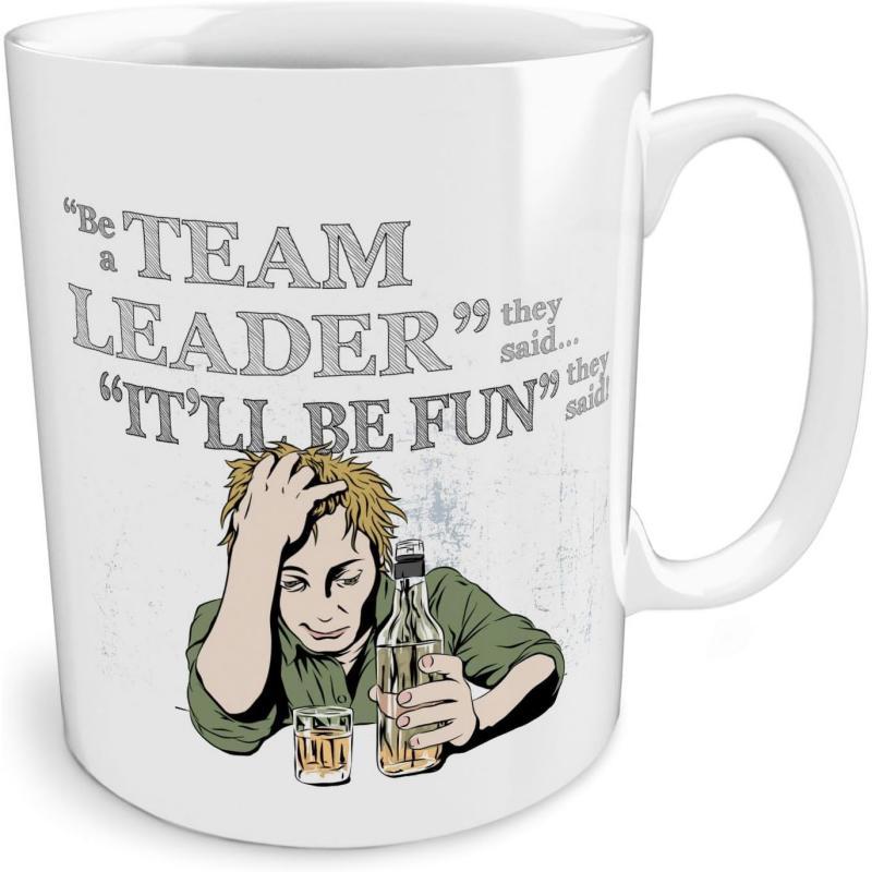 Tailorly White Ceramic 11 oz Mug - Be A Team Leader They Said Itll Be Fun They Said Exhausted Individual Holding A Glass And Bottle With Stressed Expression Man