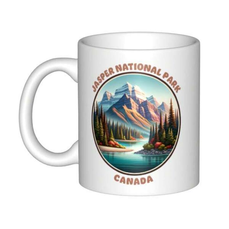Tailorly White Ceramic 11 oz Mug - Jasper National Park Canada Snowy Peaks Overlooking Green Pine Trees Reflection On Lake Mountain