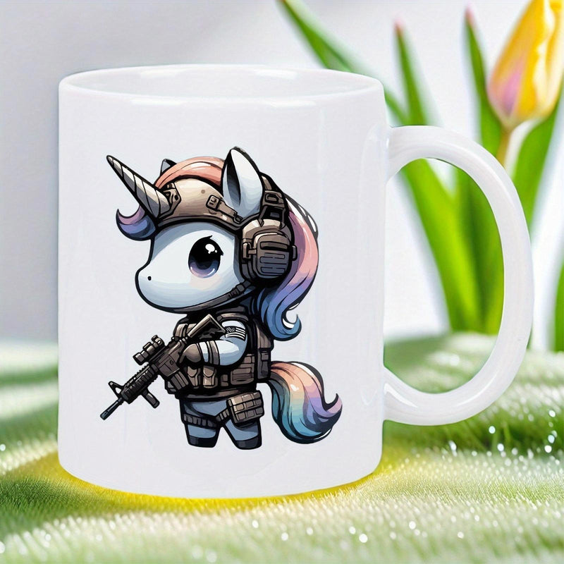 Tailorly White Ceramic 11 oz Mug - Adorable Cartoon Character Wearing Military Tactical Gear Holding Rifle Unicorn