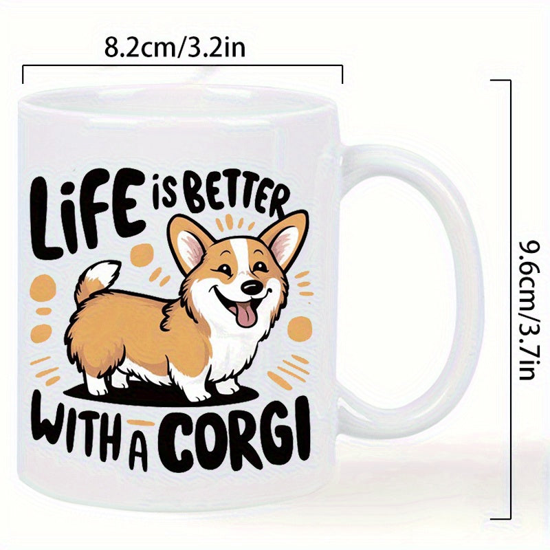 Tailorly White Ceramic 11 oz Mug - Life Is Better With A Corgi Happy Smiling Dog Standing Amidst Simple Abstract Orange Geometric Elements Corgi