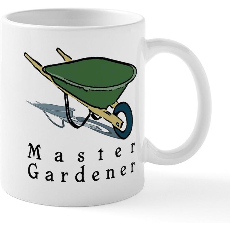 Tailorly White Ceramic 11 oz Mug - Master Gardener Rustic Green Metal Wheelbarrow With Sturdy Wooden Handles Wheelbarrow