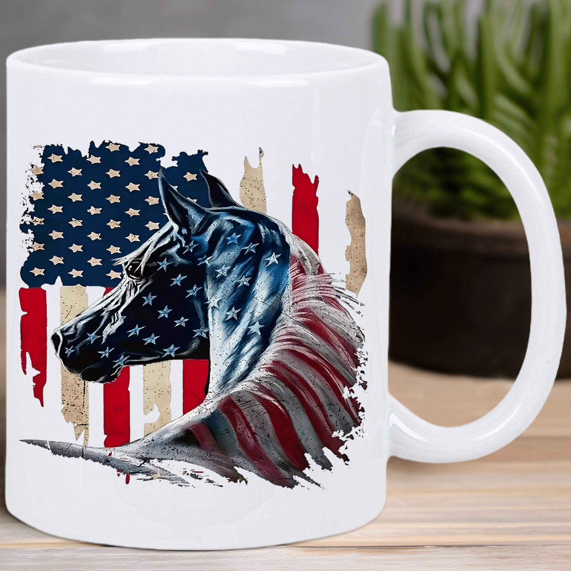 Tailorly White Ceramic 11 oz Mug - Patriotic Distressed American Flag Pattern Blended Within A Majestic Profile Horse