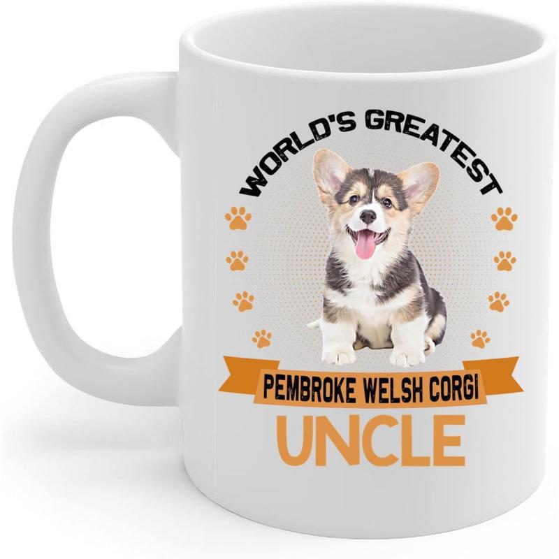 Tailorly White Ceramic 11 oz Mug - Worlds Greatest Pembroke Welsh Corgi Uncle Adorable Sitting Puppy Surrounded By Tiny Orange Paw Prints With Banner Corgi