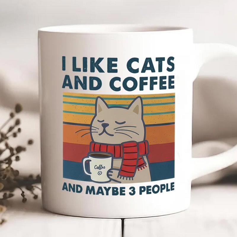 Tailorly White Ceramic 11 oz Mug - I Like Cats And Coffee And Maybe 3 People Adorable Gray Cat Wearing Red Scarf Holding Coffee Mug Against Retro Sunset Cat