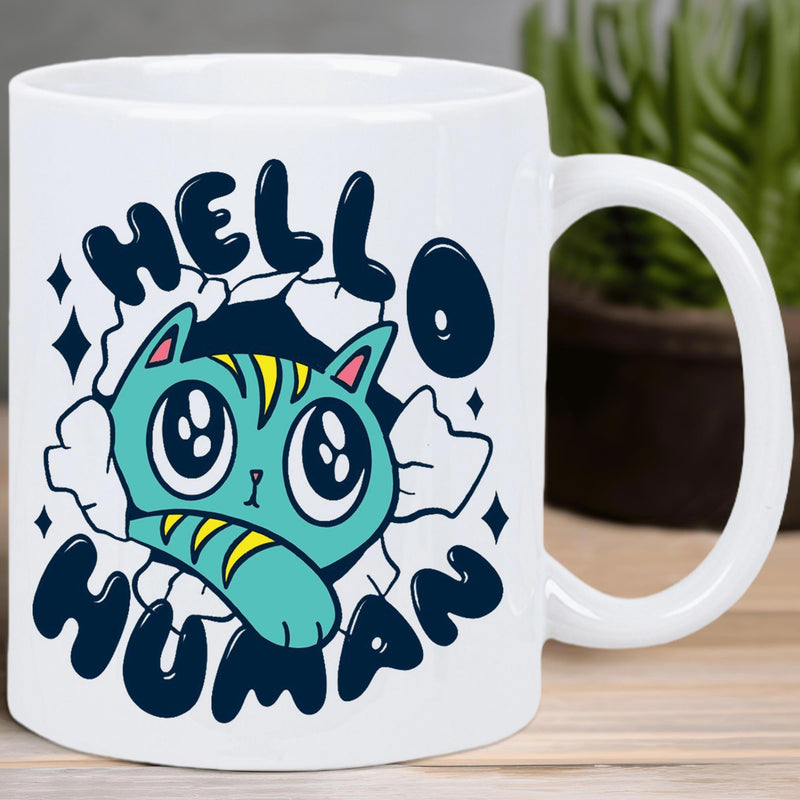 Tailorly White Ceramic 11 oz Mug - Hello Human Adorable Teal Striped Cartoon Feline Poking Through A Cracked White Surface Cat