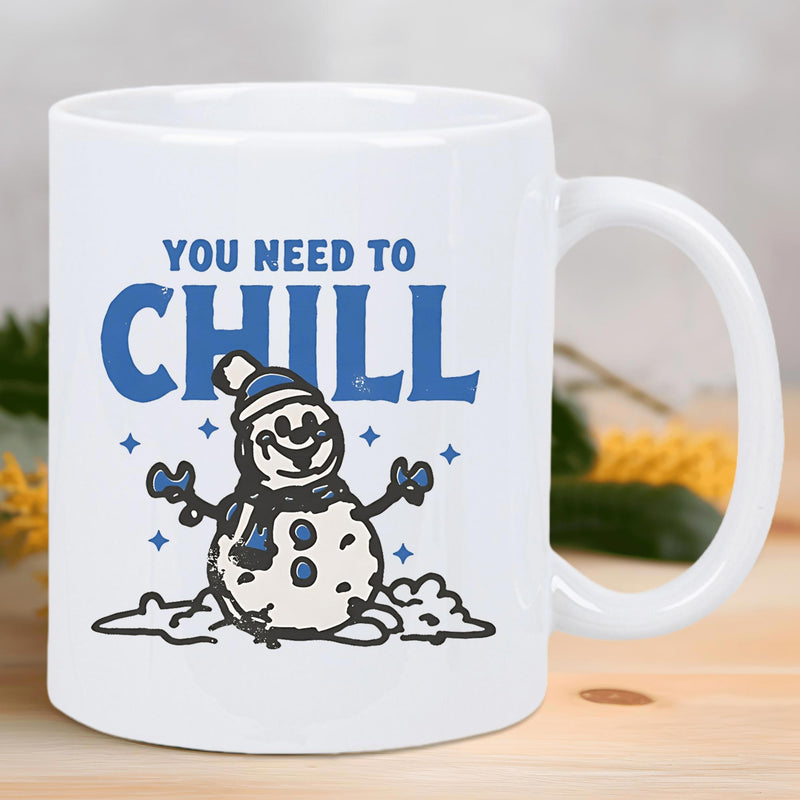 Tailorly White Ceramic 11 oz Mug - You Need To Chill Happy Cartoon Character Wearing Winter Scarf And Hat Amidst Twinkling Stars Snowman