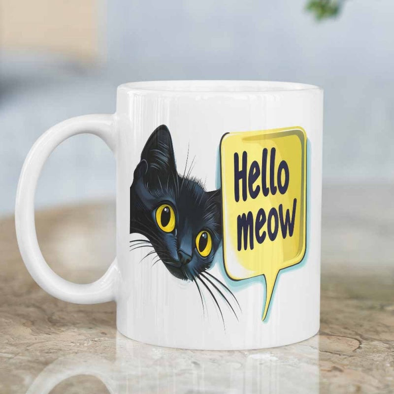 Tailorly White Ceramic 11 oz Mug - Hello Meow Peeking Black Cat With Bright Yellow Eyes Inside A Yellow Speech Bubble Cat