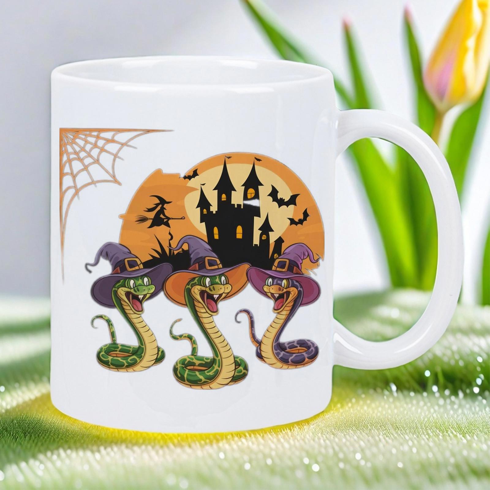 Tailorly White Ceramic 11 oz Mug - Three Spooky Cobras Wearing Purple Witch Hats Near A Haunted Castle Snake