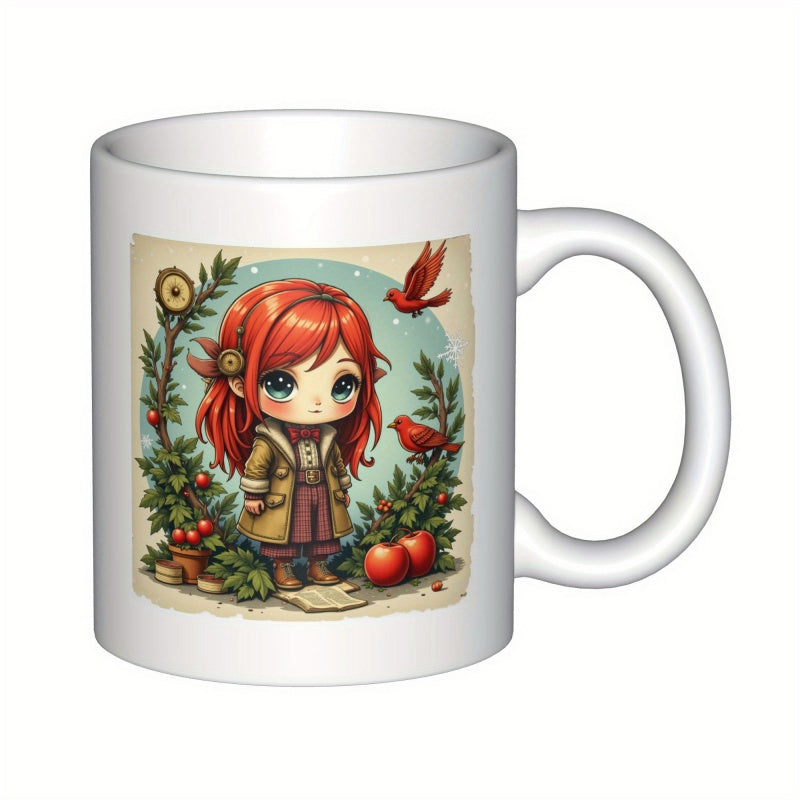 Tailorly White Ceramic 11 oz Mug - Adorable Red Haired Character Standing Among Festive Winter Berries And Birds Girl