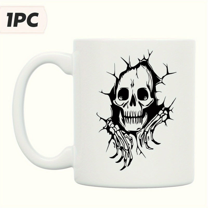 Tailorly White Ceramic 11 oz Mug - Spooky Broken Wall Effect With Skeletal Hands Reaching Forward Creepy Skull