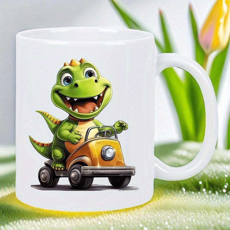 Tailorly White Ceramic 11 oz Mug - Cheerful Little Green Dinosaur Driving A Small Yellow Vintage Racing Dinosaur