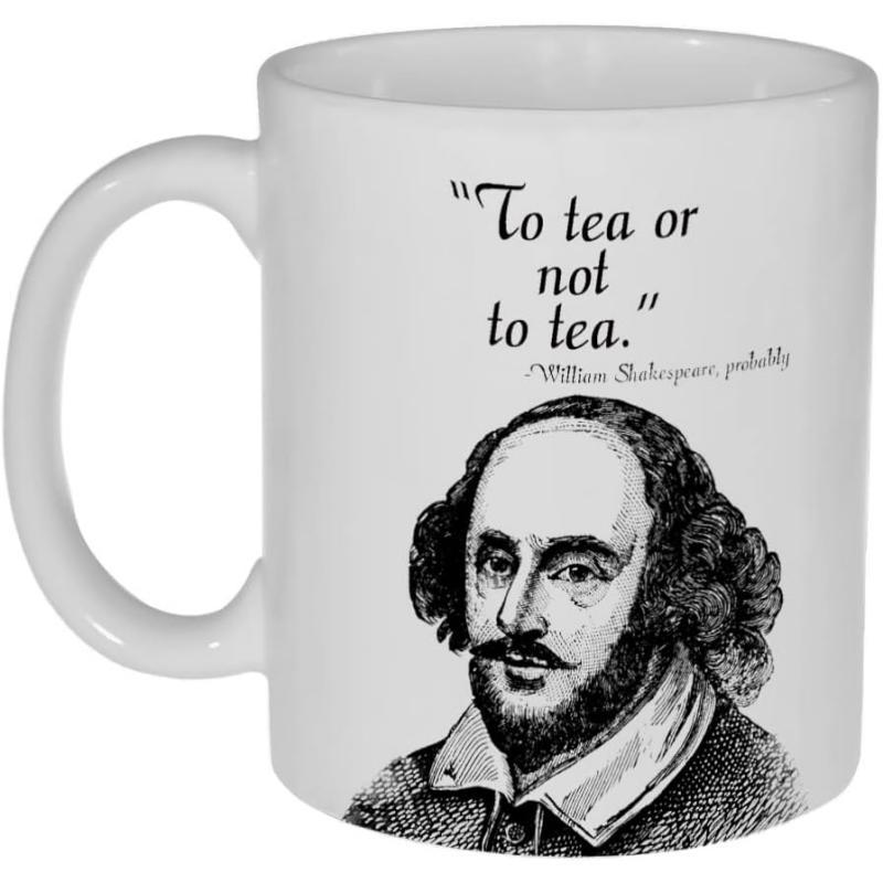 Tailorly White Ceramic 11 oz Mug - To Tea Or Not To Tea William Shakespeare Vintage Monochromatic Sketch Of Famous English Playwright With Engraved Style
