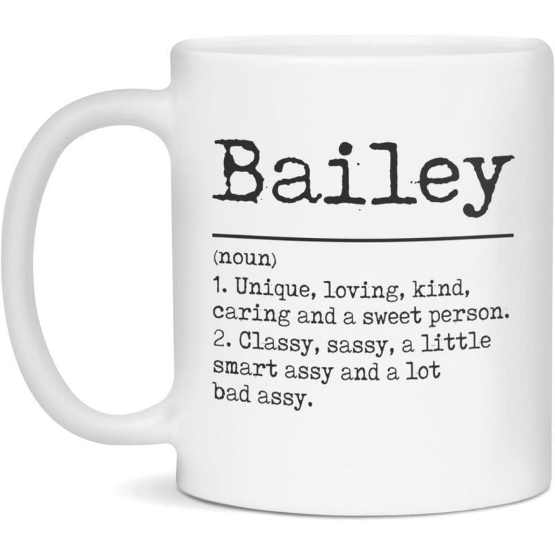 Tailorly White Ceramic 11 oz Mug - Bailey Minimalist With Classic Bold Typewriter Font Text Mug