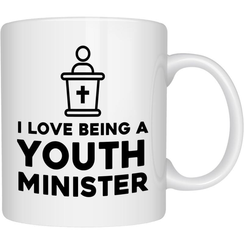 Tailorly White Ceramic 11 oz Mug - I Love Being A Youth Minister Minimalist Black Linear Icon Person Standing Behind A Religious Sacred Cross Pulpit