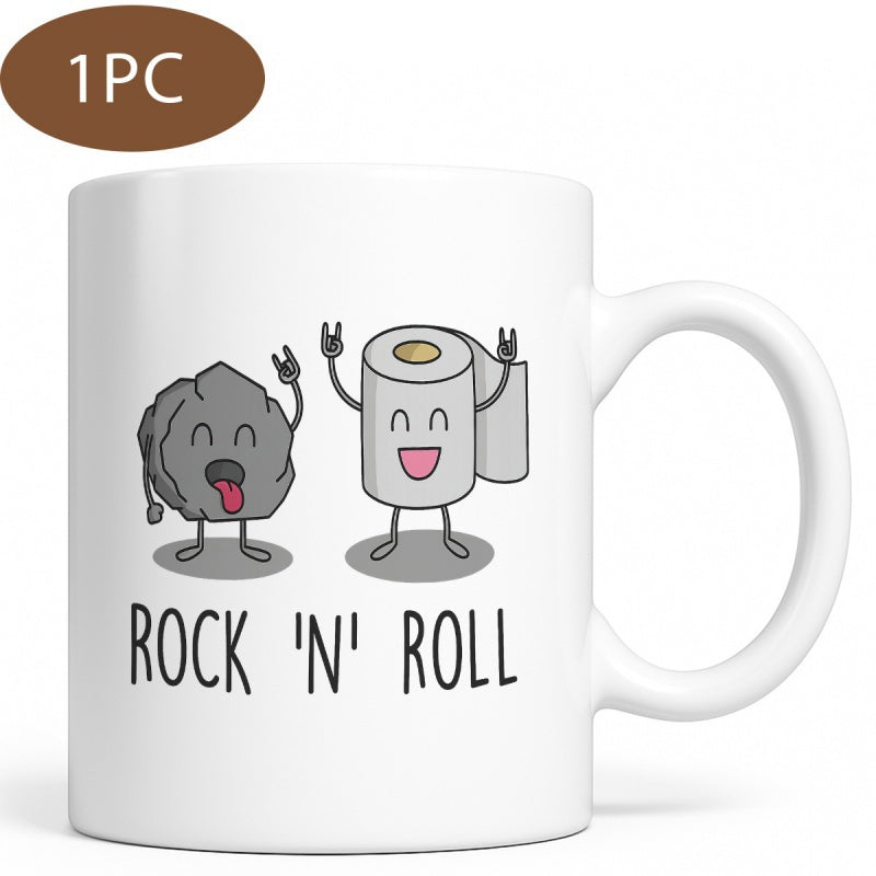 Tailorly White Ceramic 11 oz Mug - Rock N Roll Funny Cartoon Rock And Toilet Paper Roll Featuring Rocker Hand Signs Design