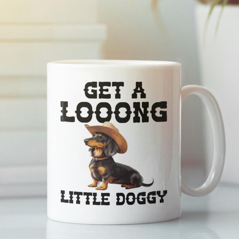 Tailorly White Ceramic 11 oz Mug - Get A Looong Little Doggy Adorable Miniature Brown Dachshund Wearing A Classic Western Style Cowboy Hat Dachshund