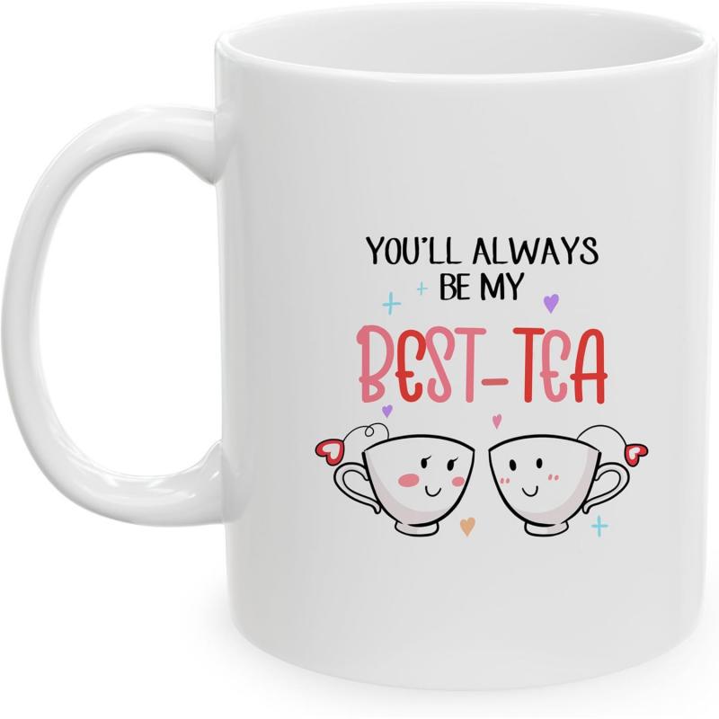 Tailorly White Ceramic 11 oz Mug - Youll Always Be My Best Tea Two Smiling Cartoon Cups Surrounded By Small Hearts Mug