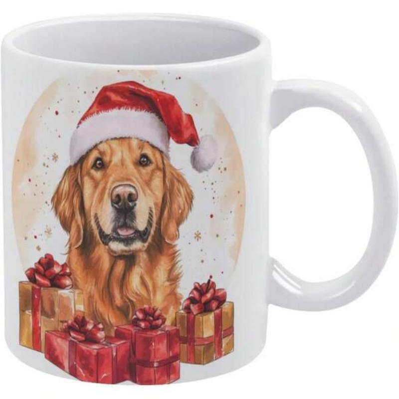 Tailorly White Ceramic 11 oz Mug - Festive Golden Retriever Wearing Red Santa Hat Among Wrapped Christmas Presents Dog