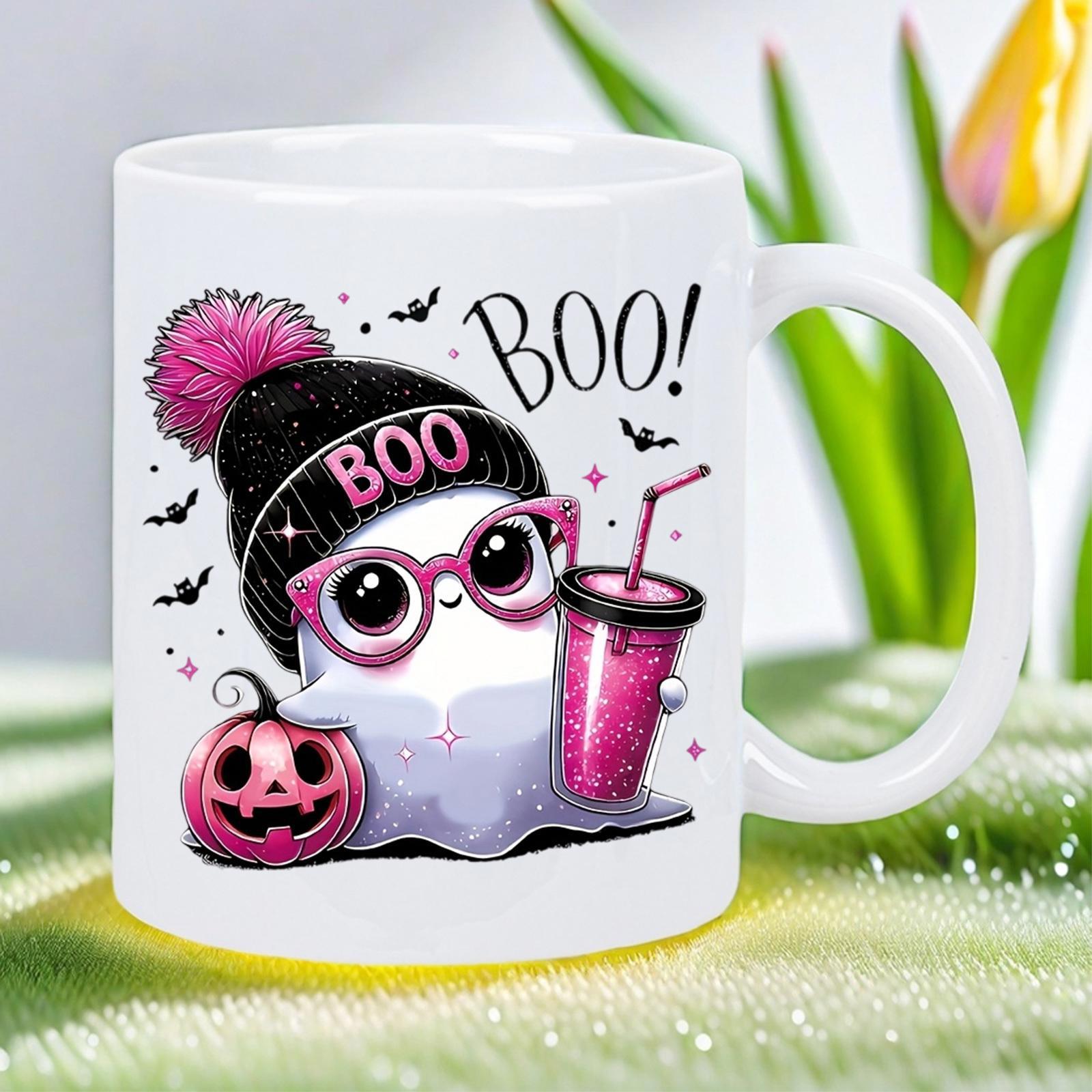 Tailorly White Ceramic 11 oz Mug - Boo Adorable Cartoon Featuring Pink Glasses Beanie And Refreshing Drink Ghost
