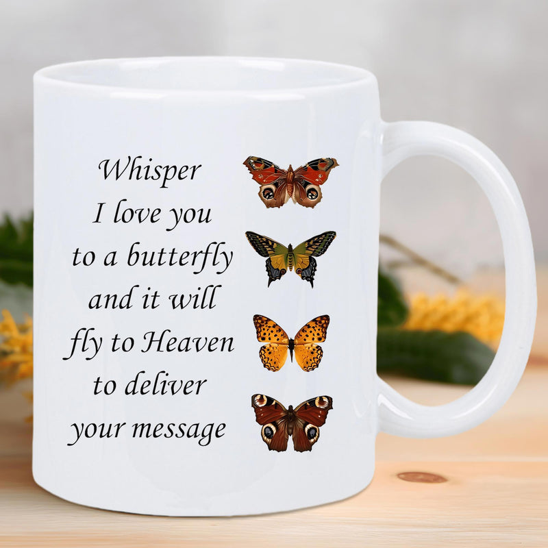 Tailorly White Ceramic 11 oz Mug - Whisper I Love You To A Butterfly And It Will Fly To Heaven To Deliver Your Message Four Colorful Detailed Species Flying