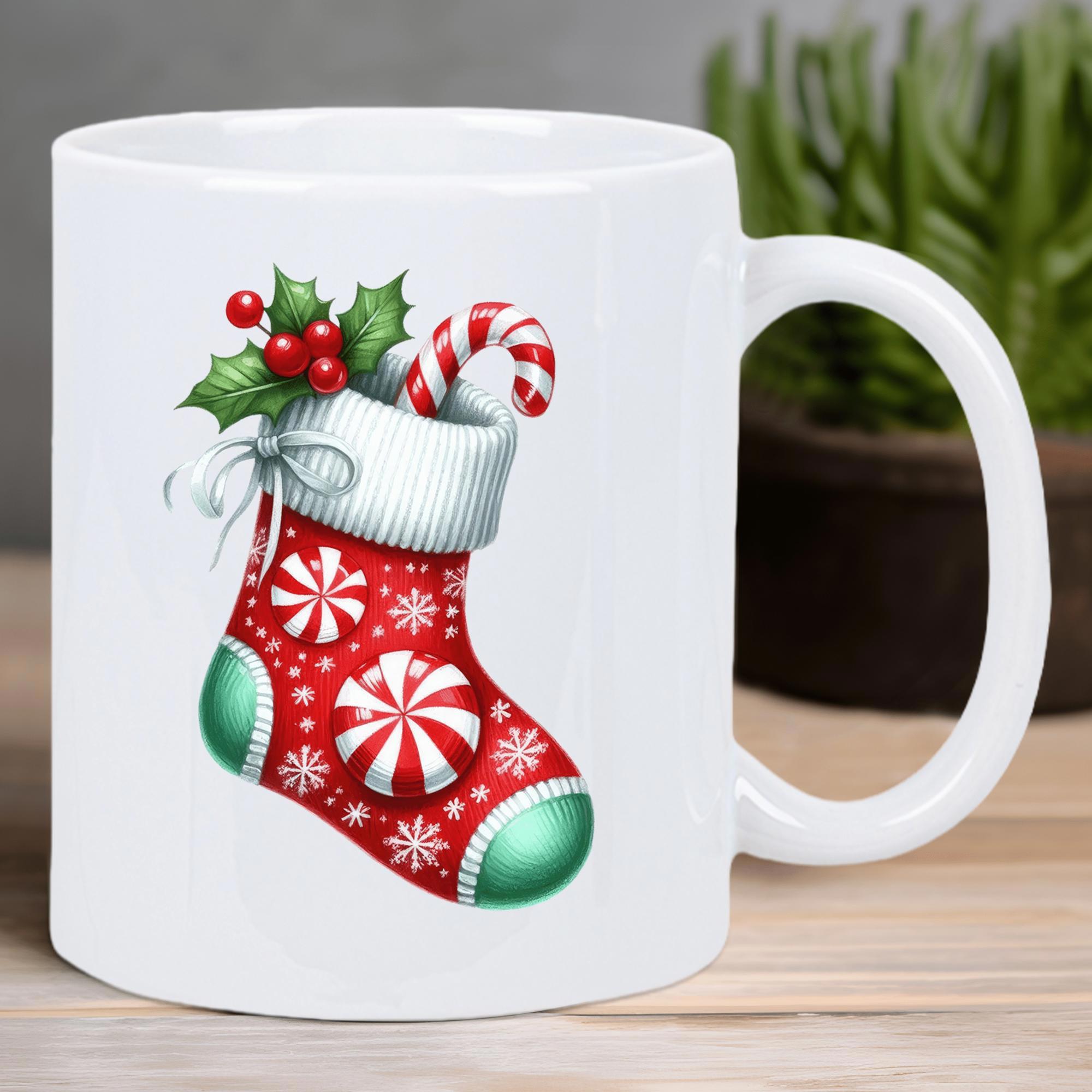 Tailorly White Ceramic 11 oz Mug - Festive Red Stocking Decorated With Peppermint Candy Cane And Green Holly Leaves Stocking
