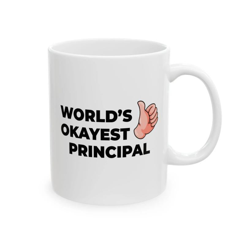 Tailorly White Ceramic 11 oz Mug - Worlds Okayest Principal Minimalist Cartoon Style Showing A Friendly Cheerful Thumbs Up Hand