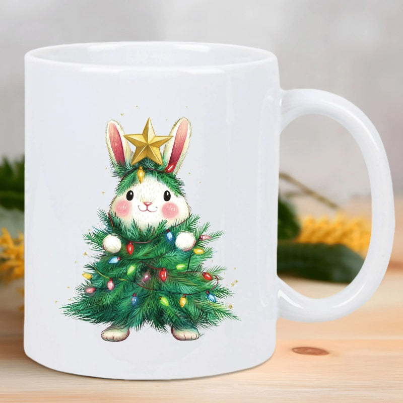 Tailorly White Ceramic 11 oz Mug - Cute Festive Bunny Wearing Green Pine Christmas Tree Costume With Colorful Lights Rabbit