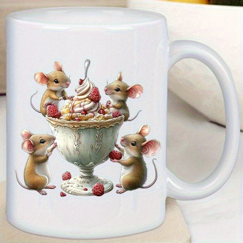 Tailorly White Ceramic 11 oz Mug - Adorable Little Mice Gathering Around A Large Creamy Raspberry Sundae Mice