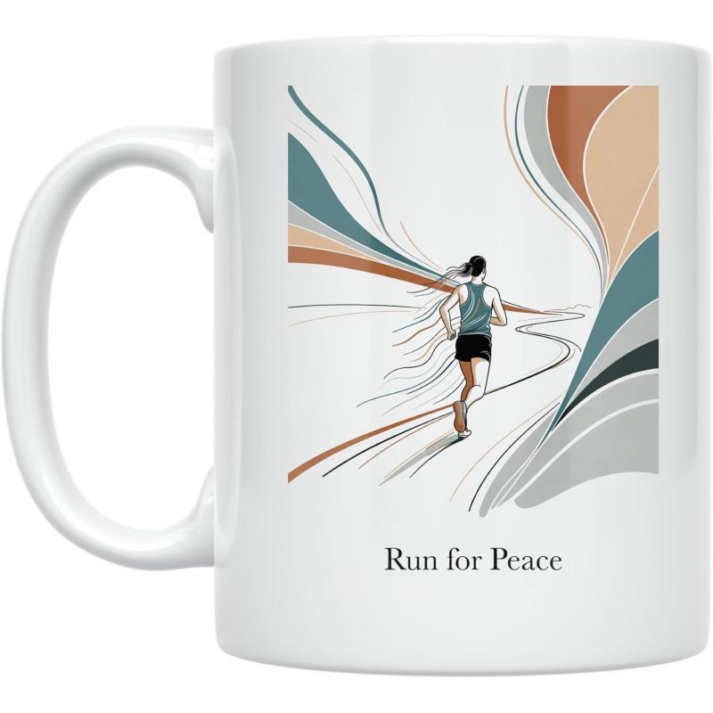 Tailorly White Ceramic 11 oz Mug - Run For Peace Abstract Minimalist Silhouette Moving Through Flowing Colorful Artistic Paths Runner