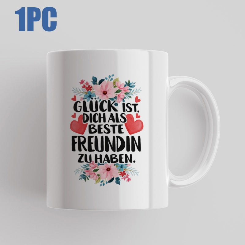 Tailorly White Ceramic 11 oz Mug - Delicate Pink Blossoms With Green Leaves And Little Red Hearts Flower