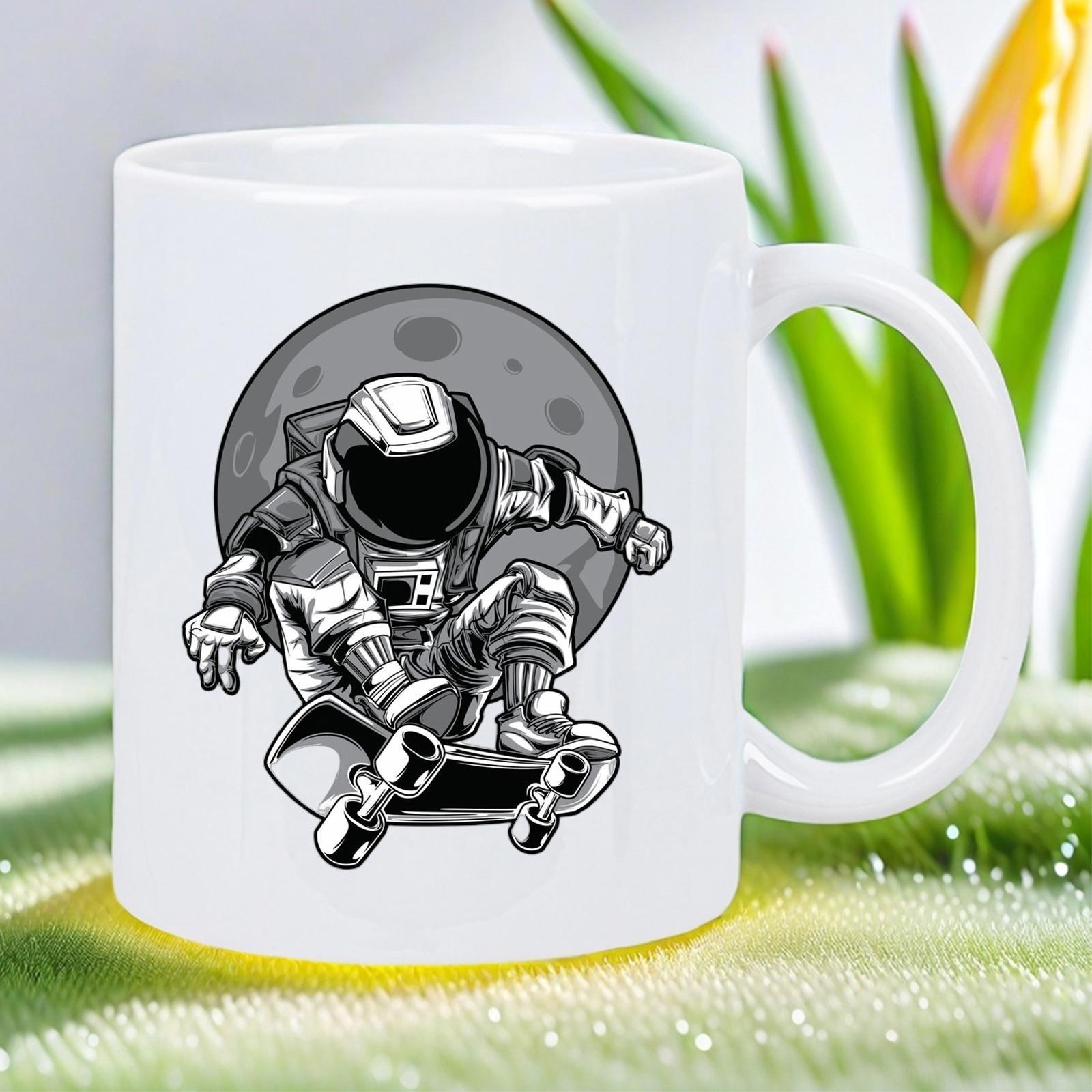 Tailorly White Ceramic 11 oz Mug - Monochromatic Illustration Of An Astronaut Skating In Front Of Large Moon Astronaut