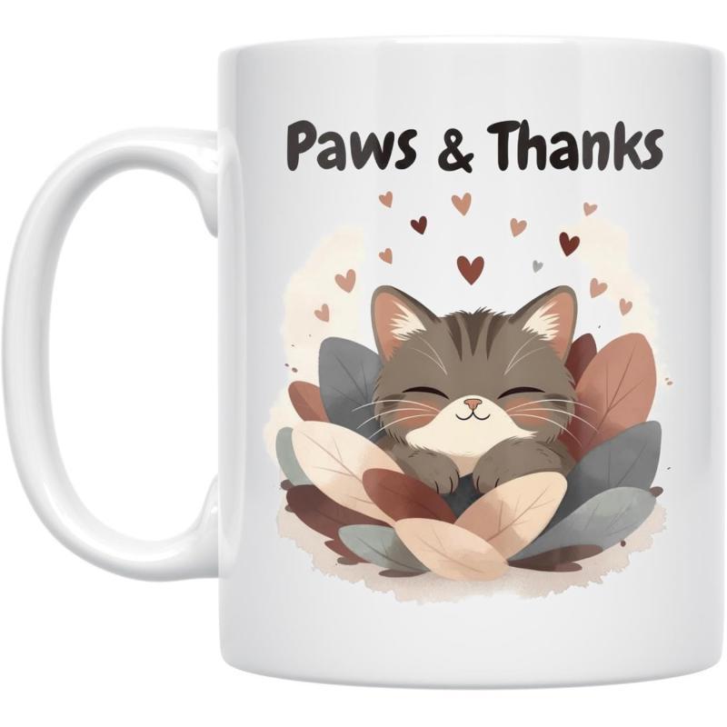 Tailorly White Ceramic 11 oz Mug - Paws Thanks Adorable Striped Cat Resting Among Soft Colorful Autumn Leaves Cat