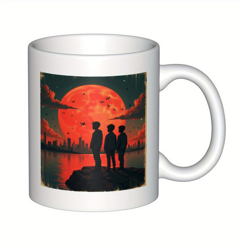 Tailorly White Ceramic 11 oz Mug - Large Glowing Red Moon Shining Over City Skyline With Silhouettes Group