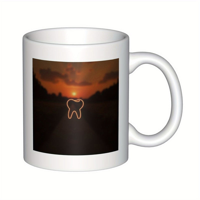 Tailorly White Ceramic 11 oz Mug - Scenic Sunset Glowing Above A Dark Silhouette Path With Minimalist Tooth