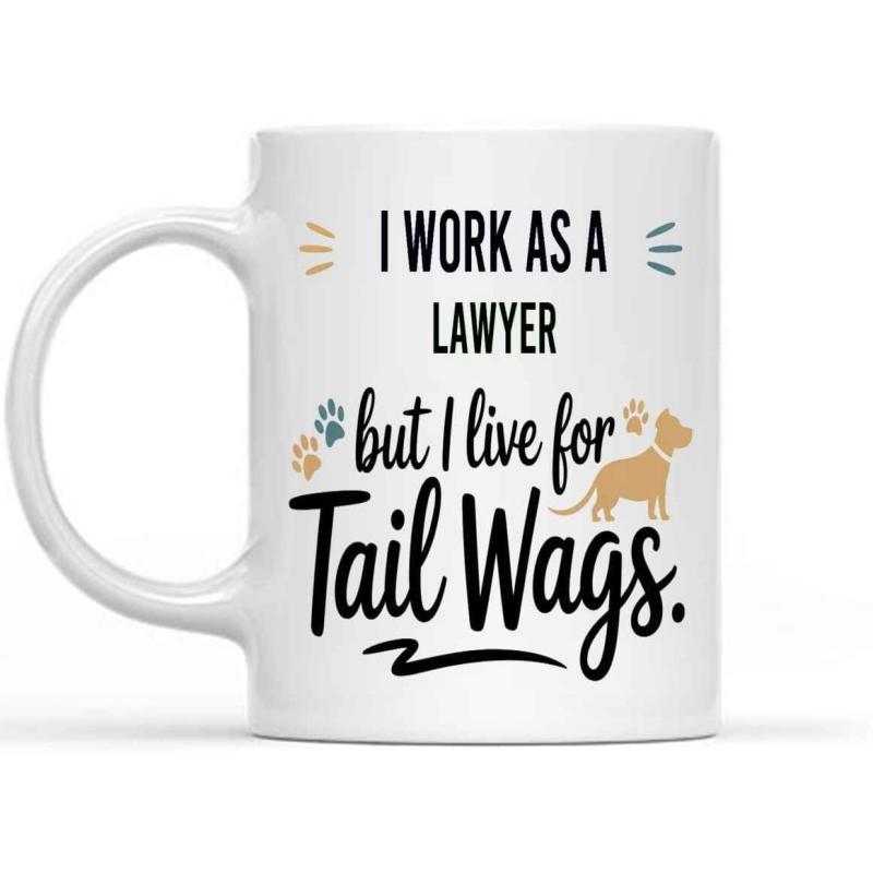 Tailorly White Ceramic 11 oz Mug - I Work As A Lawyer But I Live For Tail Wags Minimalist Silhouette Of Brown Puppy And Colorful Paw Prints Dog