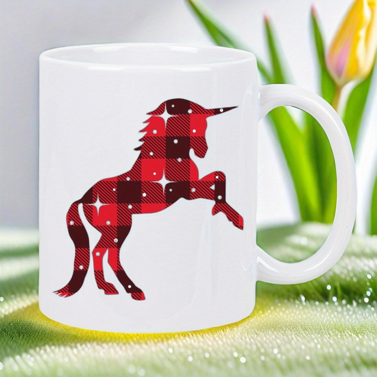 Tailorly White Ceramic 11 oz Mug - Rearing Mystical Silhouette With Red And Black Buffalo Plaid Pattern Unicorn