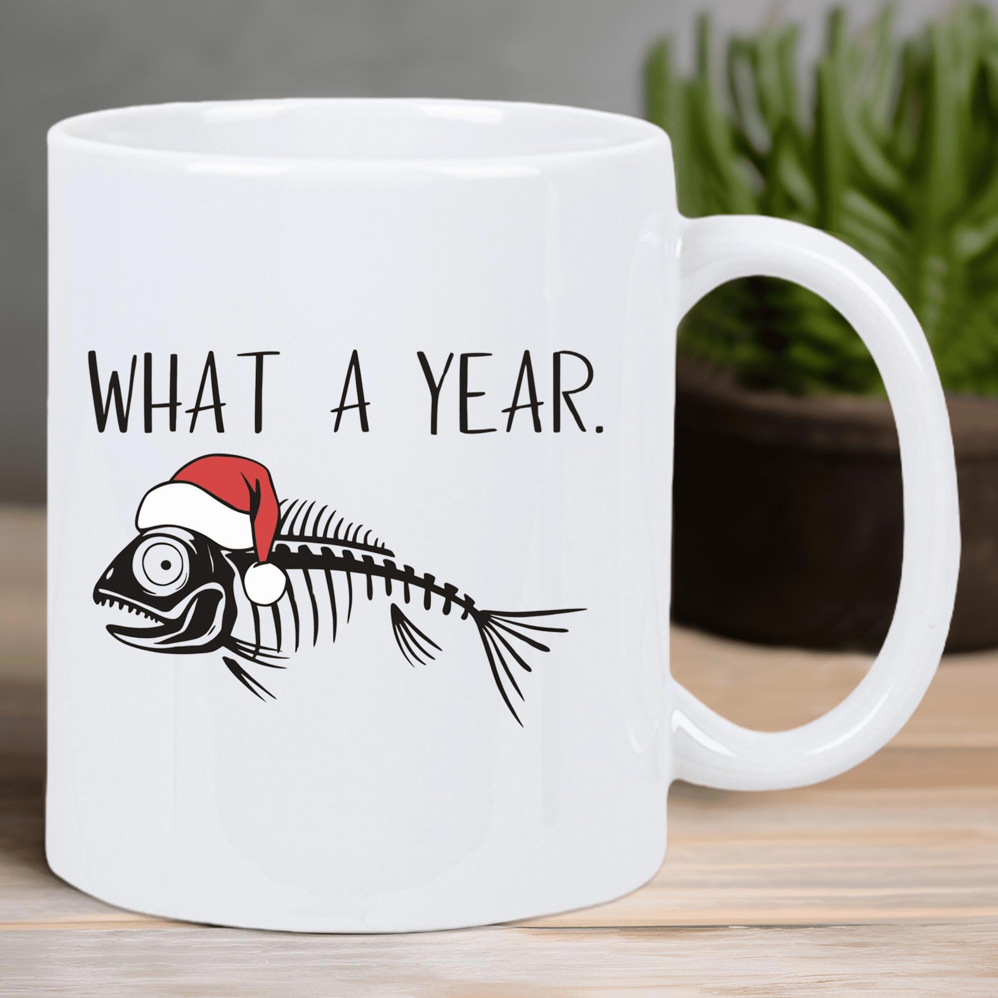 Tailorly White Ceramic 11 oz Mug - What A Year Humorous Black Fish Skeleton Wearing Red And White Festive Santa Hat Fishbone