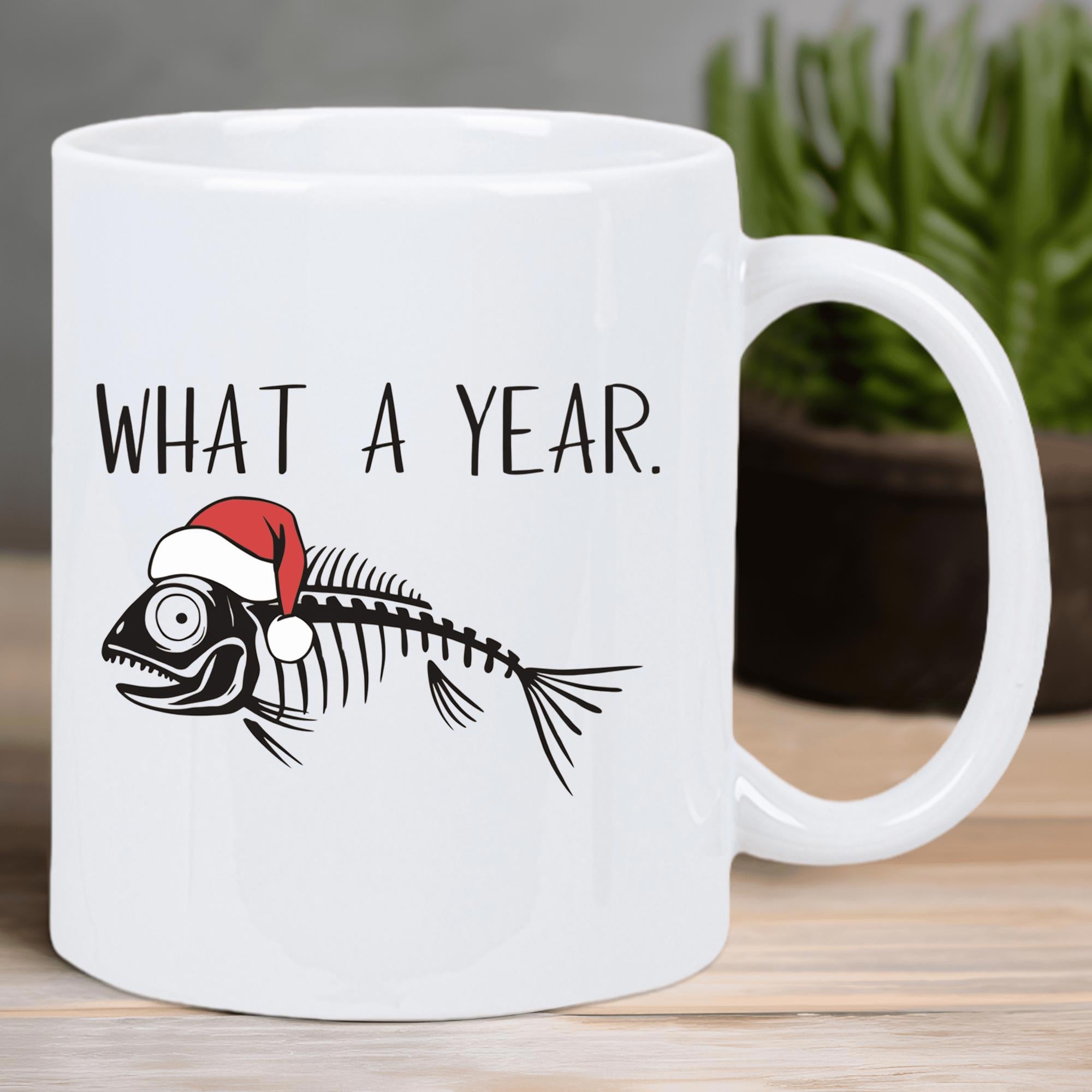 Tailorly White Ceramic 11 oz Mug - What A Year Humorous Black Fish Skeleton Wearing Red And White Festive Santa Hat Fishbone