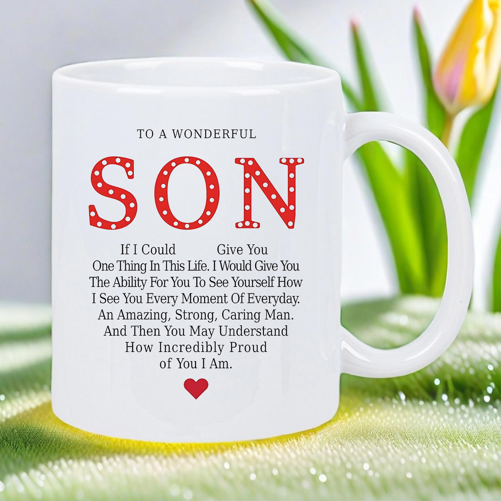 Tailorly White Ceramic 11 oz Mug - To A Wonderful Son Red Decorative Marquee Letters With A Small Heart At Bottom Center Mug