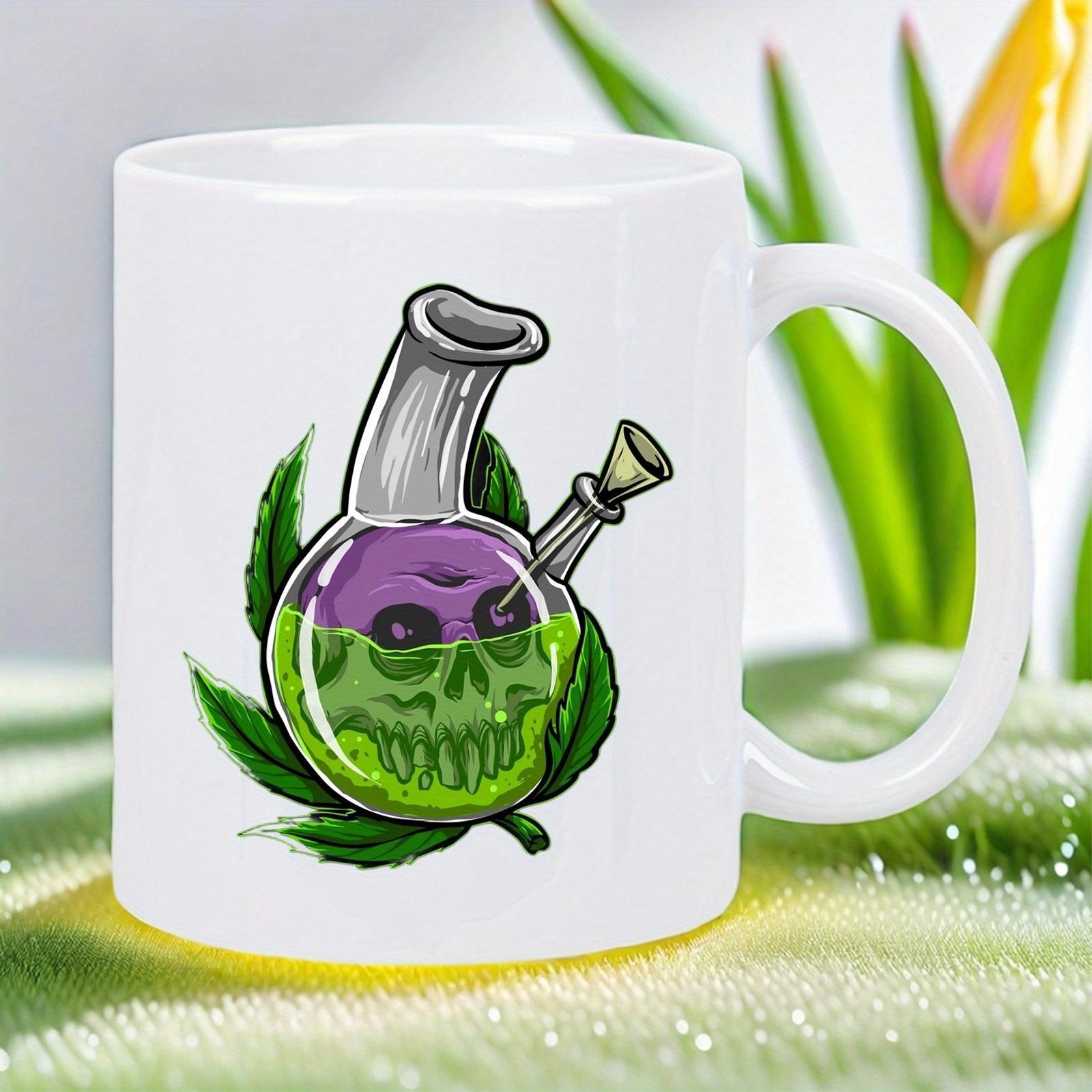 Tailorly White Ceramic 11 oz Mug - Artistic Skull Vessel With Green Liquid And Herbal Leaves Design Bong